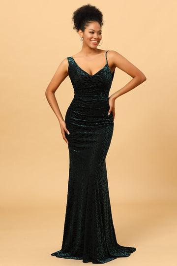 Dark Green Mermaid Velvet Backless Long Bridesmaid Dress